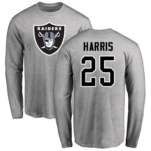 Men Oakland Raiders Ash Erik Harris Name and Number Logo NFL Football #25 Long Sleeve T Shirt